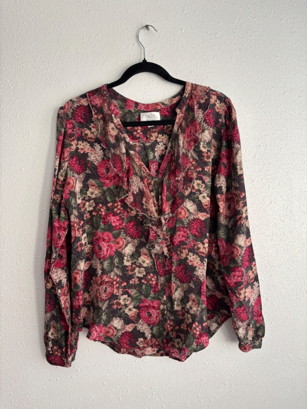 Johnny Was JADE Floral Blouse Long Sleeves Ruffled Front 100% Silk